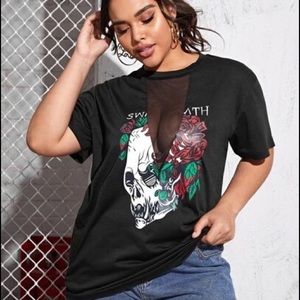 Roses and Skull Deep V Cut Out Mesh Top SHEIN New Curve 1XL